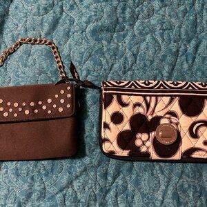 Lot of 2 Wallet Clutch Bags: Express Black Leather w/Rhinestones & Vera Bradley